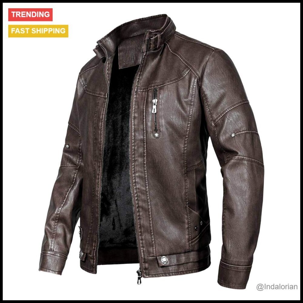 Men's Vintage Stand Collar Leather Jacket Motorcycle Windproof Coat